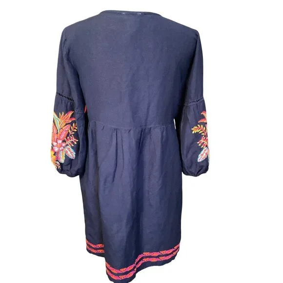 Vintage-Inspired Navy Blue Embroidered Boho Dress With Floral Sleeves & Red-Pink - Picture 2 of 5